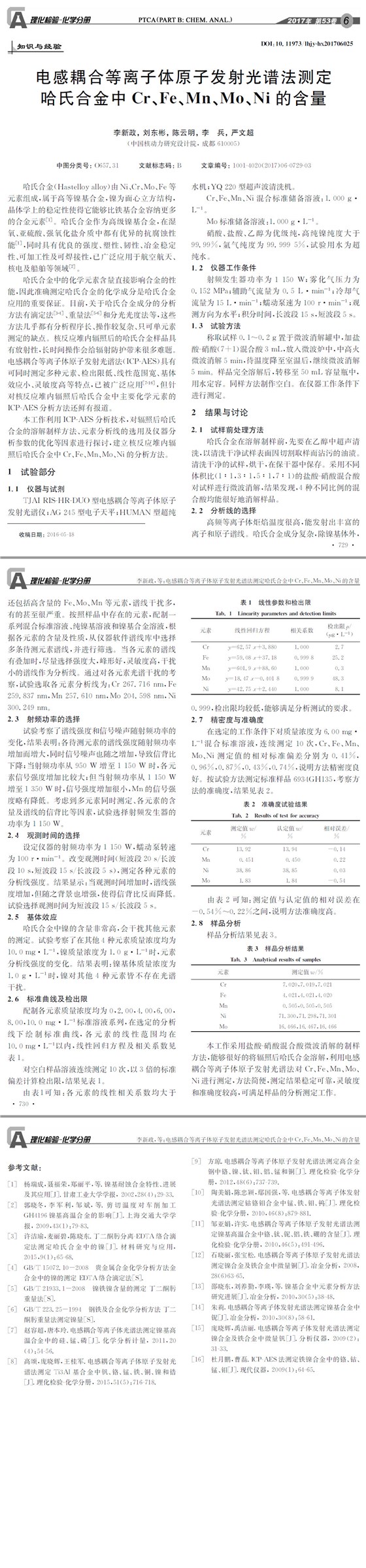 電感耦合等離子體原子發(fā)射光譜法測(cè)定哈氏合金中Cr、Fe、Mn、Mo、Ni的含量