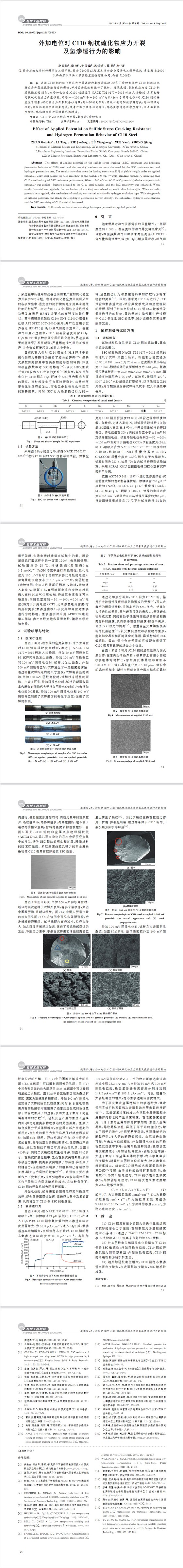 外加電位C110鋼抗硫化物應(yīng)力開(kāi)裂及氫滲透行為