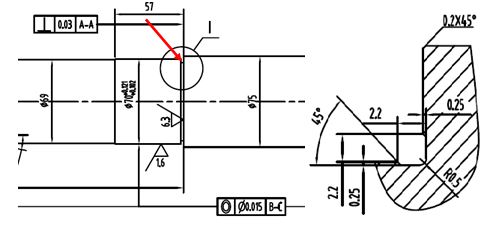 a 驅(qū)動軸斷裂軸處的設(shè)計(jì)圖紙 b 箭頭處放大